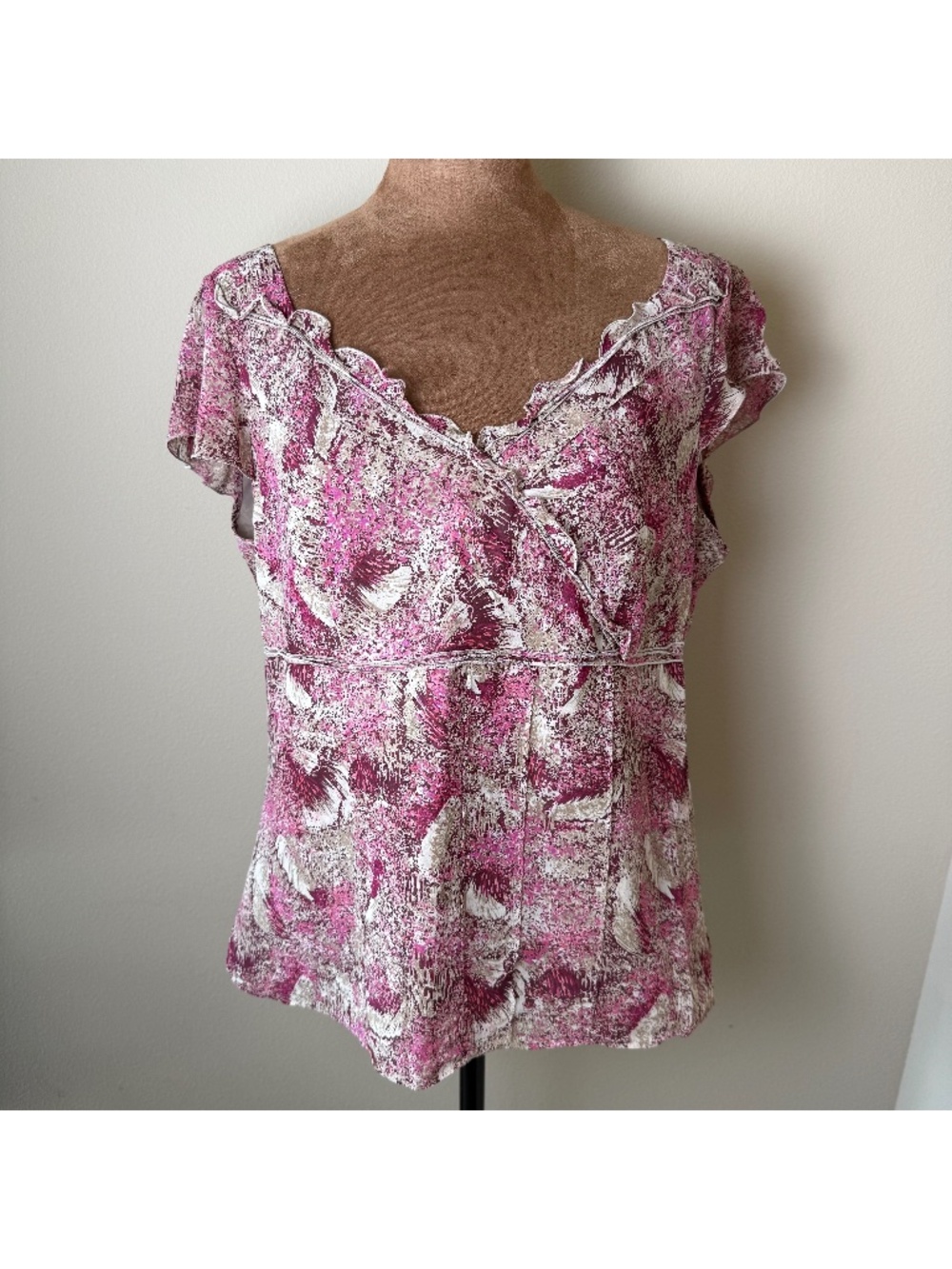 Ann Taylor 100% Silk Blouse Womens 14P Petite Pink Tan Abstract Career Shirt Top